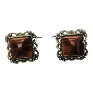 Vintage Brown Square Beaded Antique Gold Toned Clip On Button Earrings